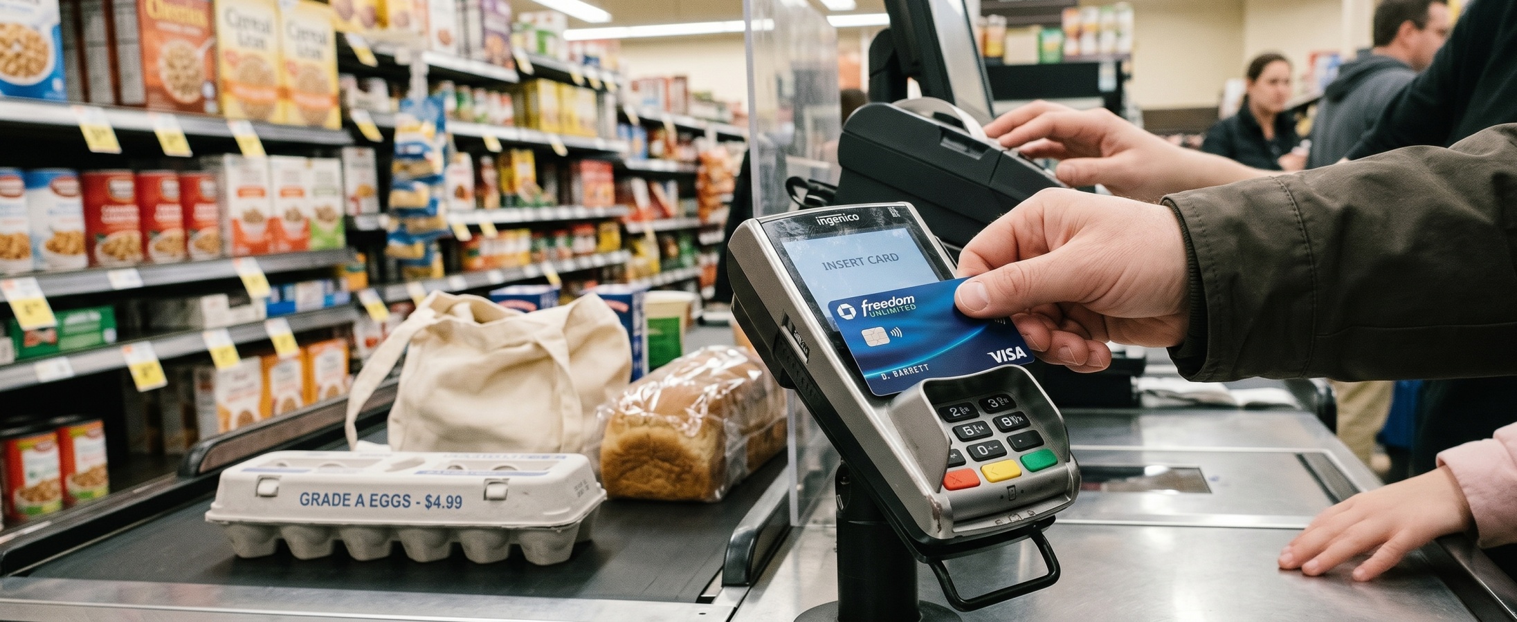 Customer inserting a Chase Freedom Unlimited Visa card into a payment terminal at a grocery store checkout with everyday items on the conveyor belt