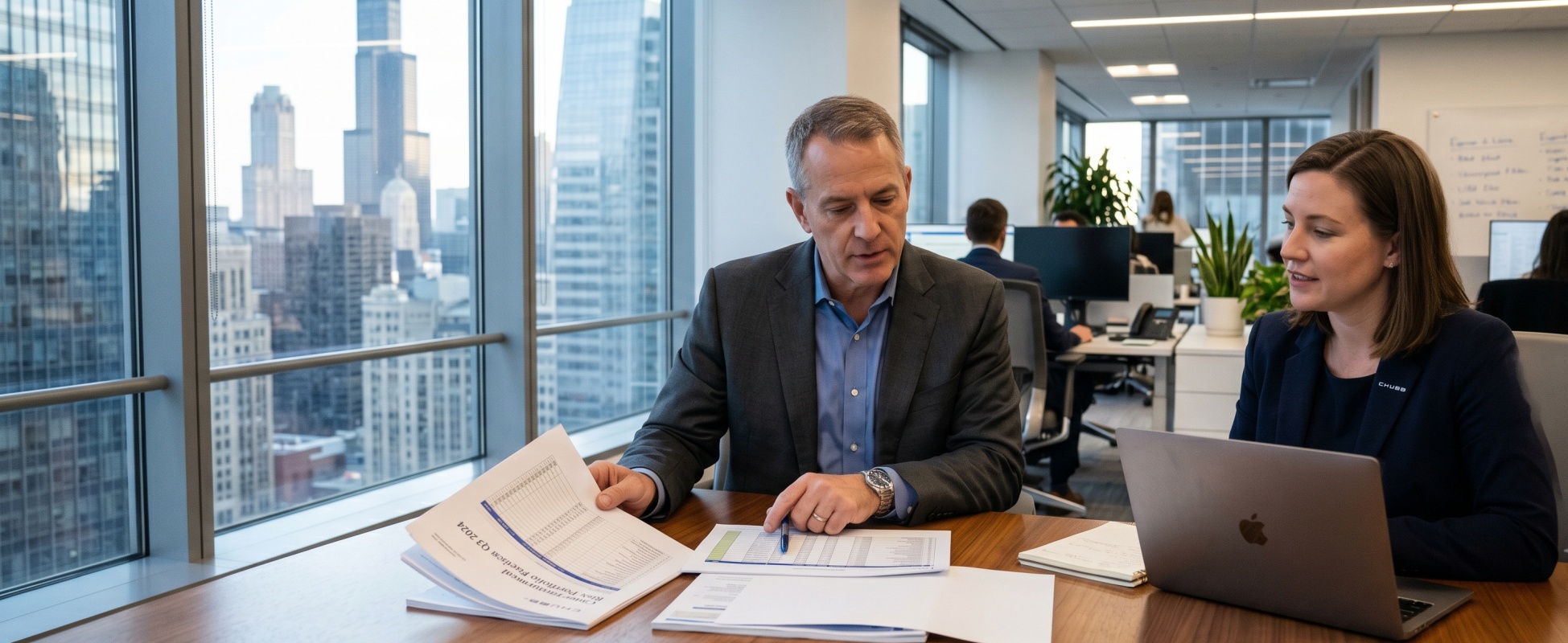 Chubb business insurance agent reviewing Q3 2024 portfolio documents with male client in downtown Chicago corporate office