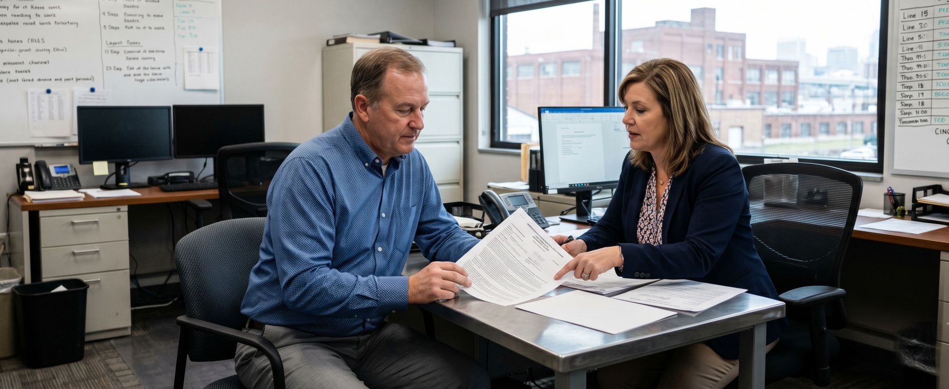 Insurance agent reviewing a commercial policy document with a business owner at a manufacturing facility office desk in Cincinnati, Ohio