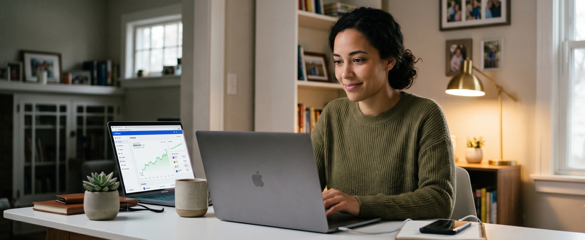Young woman in olive sweater smiling while checking cryptocurrency portfolio on laptop at home desk, with second screen showing trading dashboard