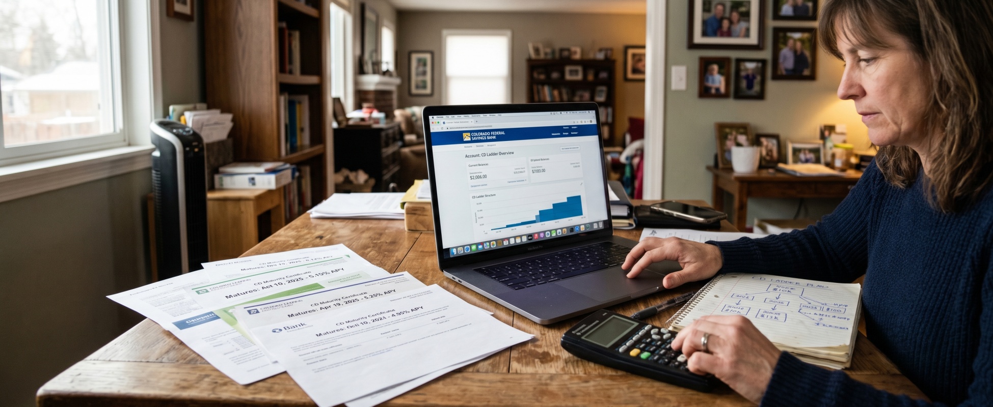 Focused woman in navy sweater reviewing Colorado Federal Savings Bank CD Ladder Overview on laptop at home office desk, with printed CD maturity certificates, calculator, and handwritten CD ladder plan in notebook