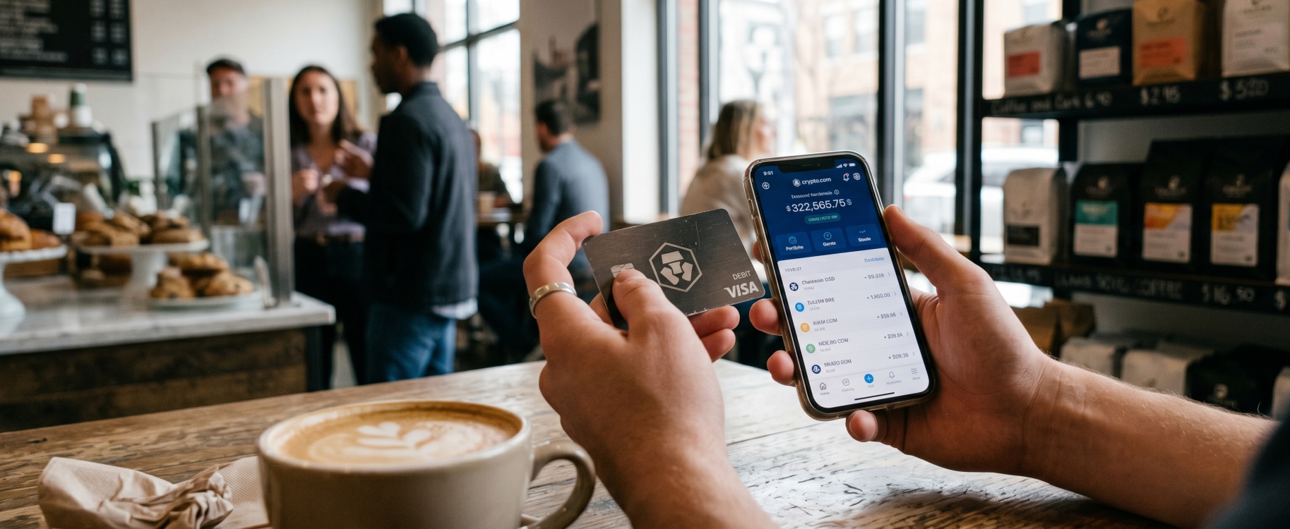 Hands holding a sleek Crypto.com Visa debit card and smartphone showing the Crypto.com app dashboard with portfolio balance and altcoin list, on a wooden coffee shop table with a latte in the foreground