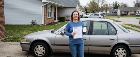 Smiling woman in blue sweater standing in her suburban driveway in front of her older silver Honda sedan, holding a Direct Auto Insurance policy and a smartphone showing a coverage confirmation