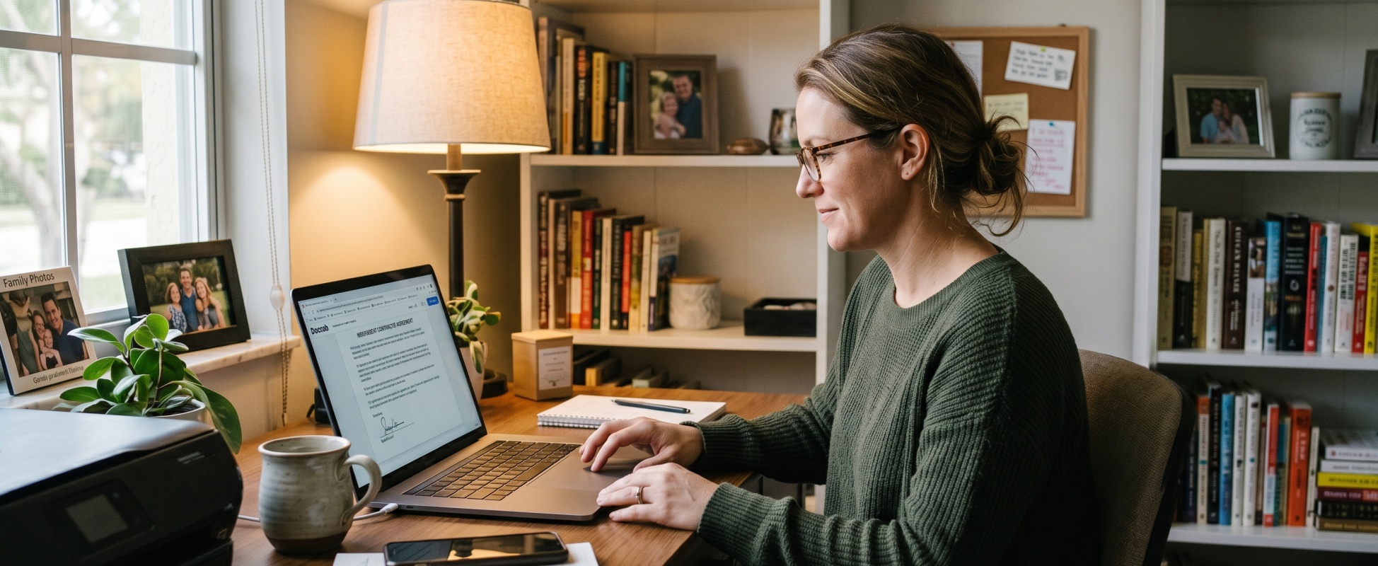 Freelancer signing an independent contractor agreement using DocHub on a laptop at a cozy home office desk surrounded by bookshelves and family photos