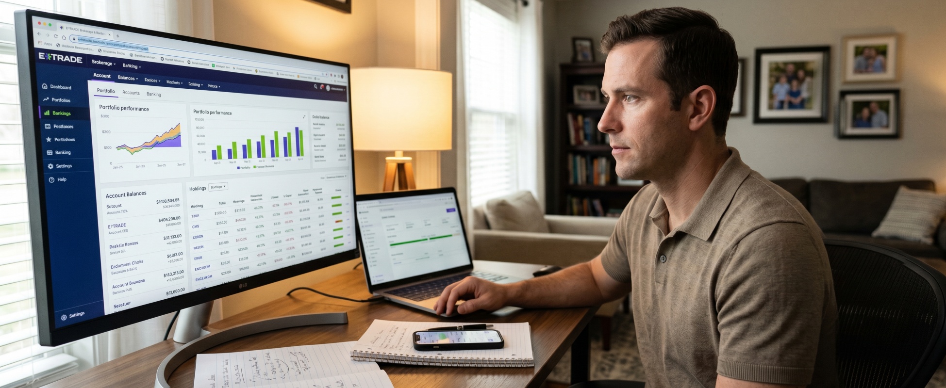 Self-directed investor in tan polo reviewing E*TRADE brokerage and banking dashboard on large monitor and laptop at home office desk, with smartphone and handwritten notes nearby
