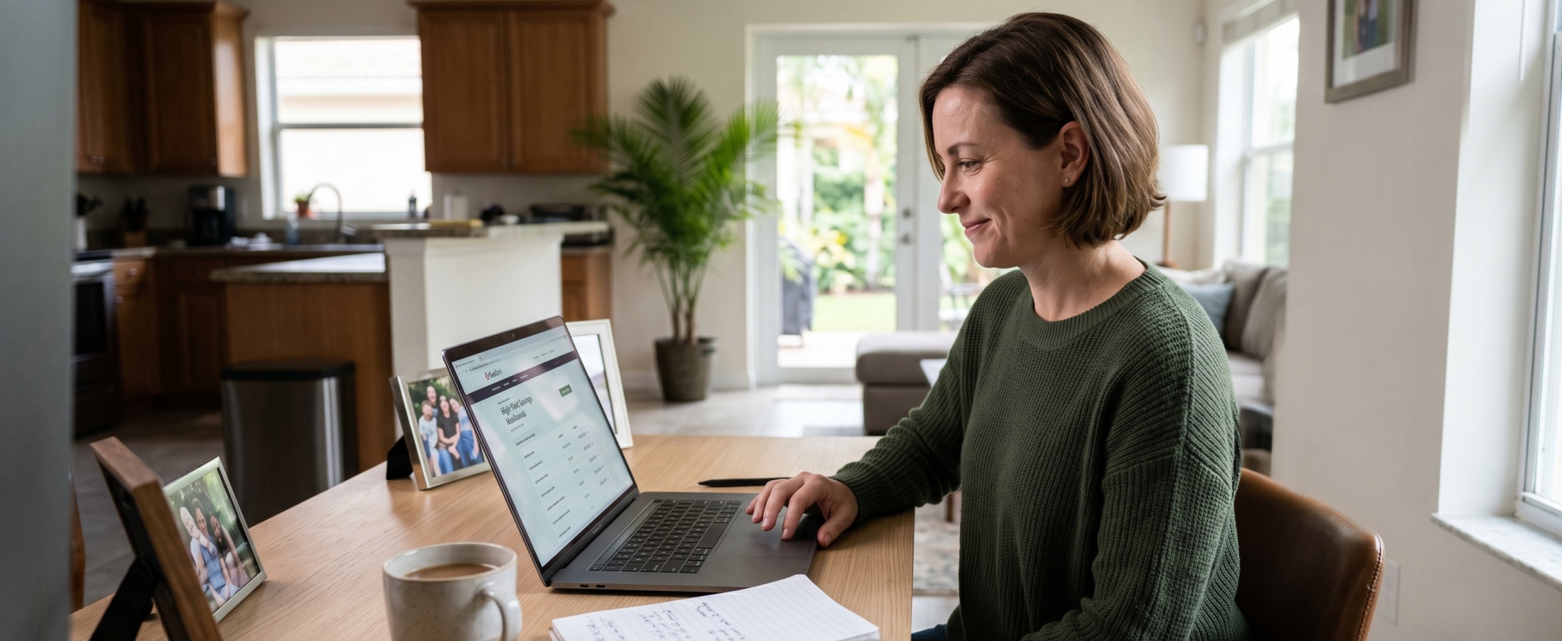 Smiling woman reviewing a high-yield savings dashboard on a laptop at a sunny home dining table with family photos and a coffee mug nearby