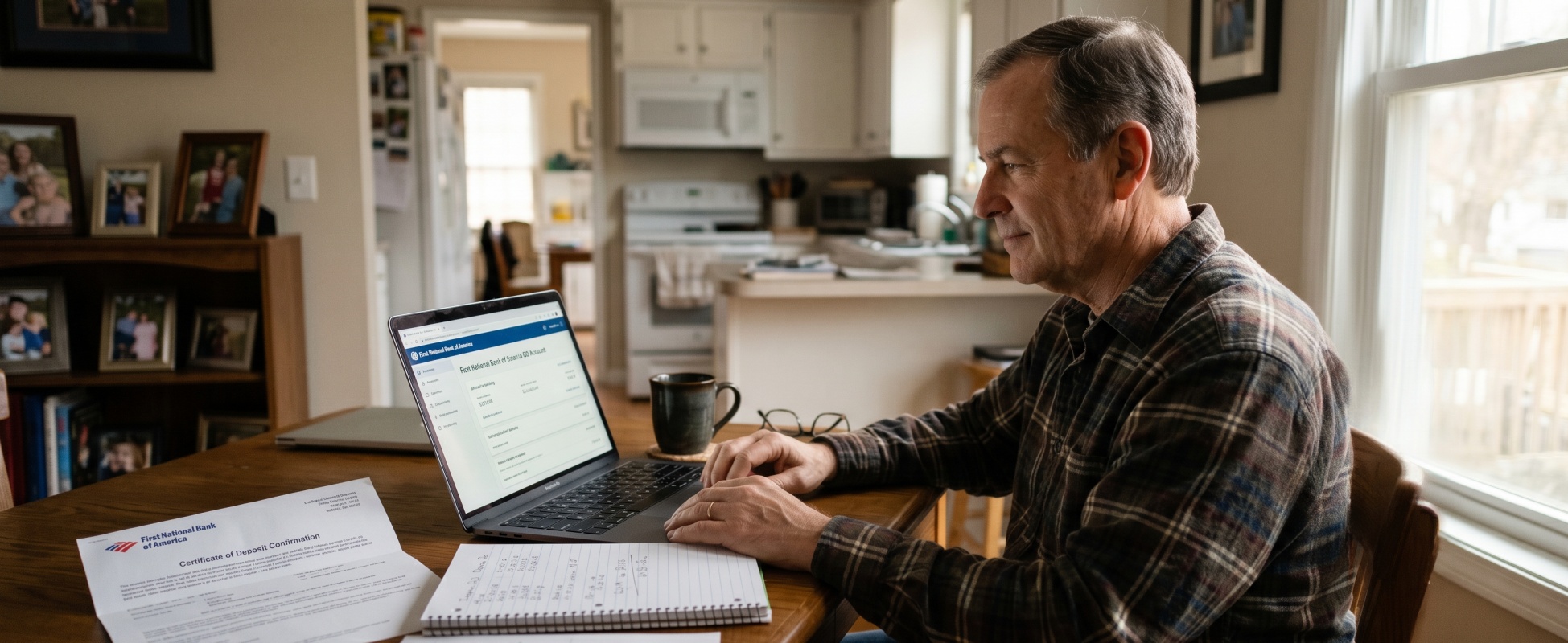 Older man in flannel shirt reviewing First National Bank of America CD account dashboard on laptop at kitchen table, with printed Certificate of Deposit confirmation and handwritten rate calculations nearby Legenda: For retirees and conservative savers building a CD ladder, locking in above-average rates on a fixed-term certificate of deposit can deliver predictable, FDIC-insured returns without the volatility of the stock market.Opus 4.7