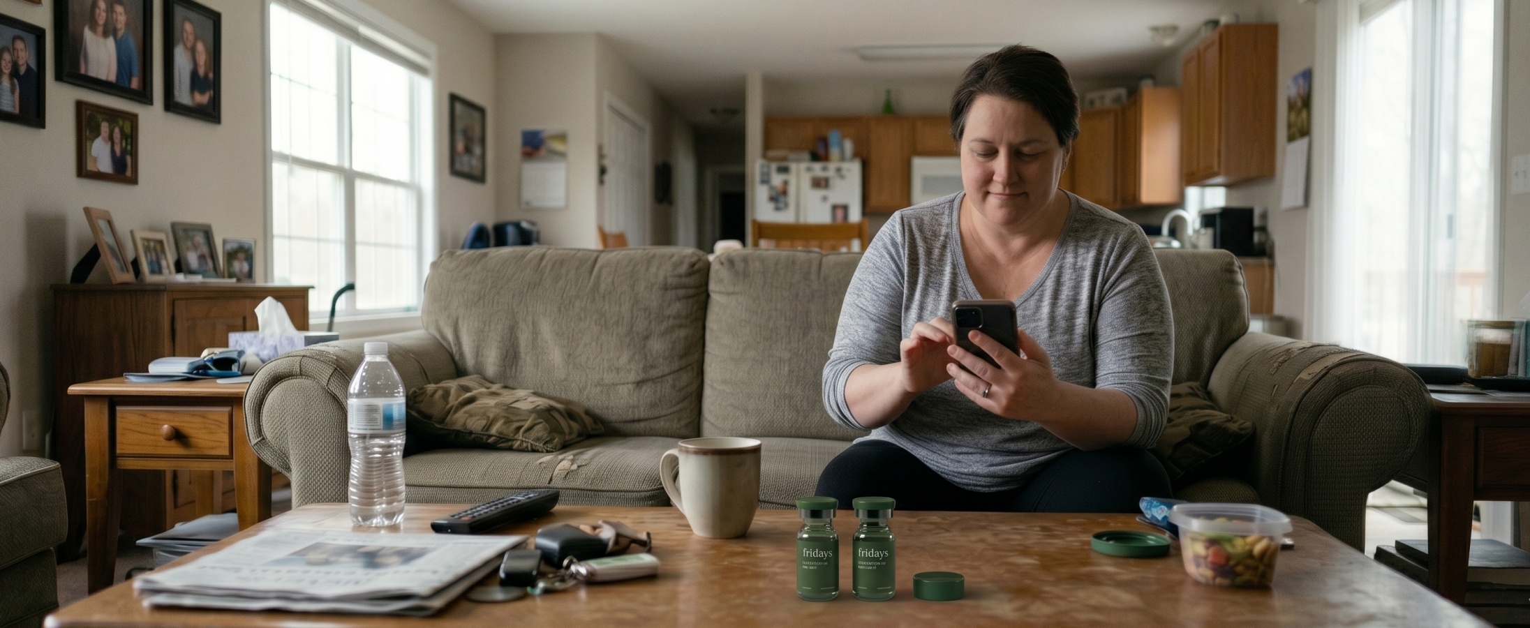 Woman with higher BMI checking a telehealth app on her phone while sitting on a couch with Fridays GLP-1 medication vials on the coffee table