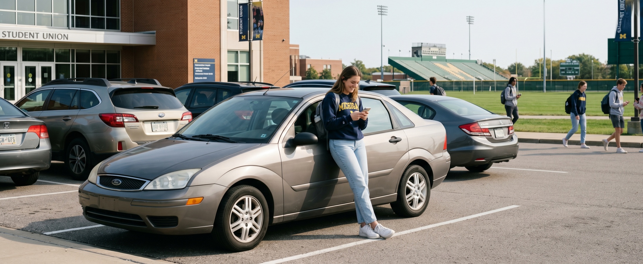 Smiling college student leaning against her car in a campus parking lot checking her auto insurance app on a smartphone