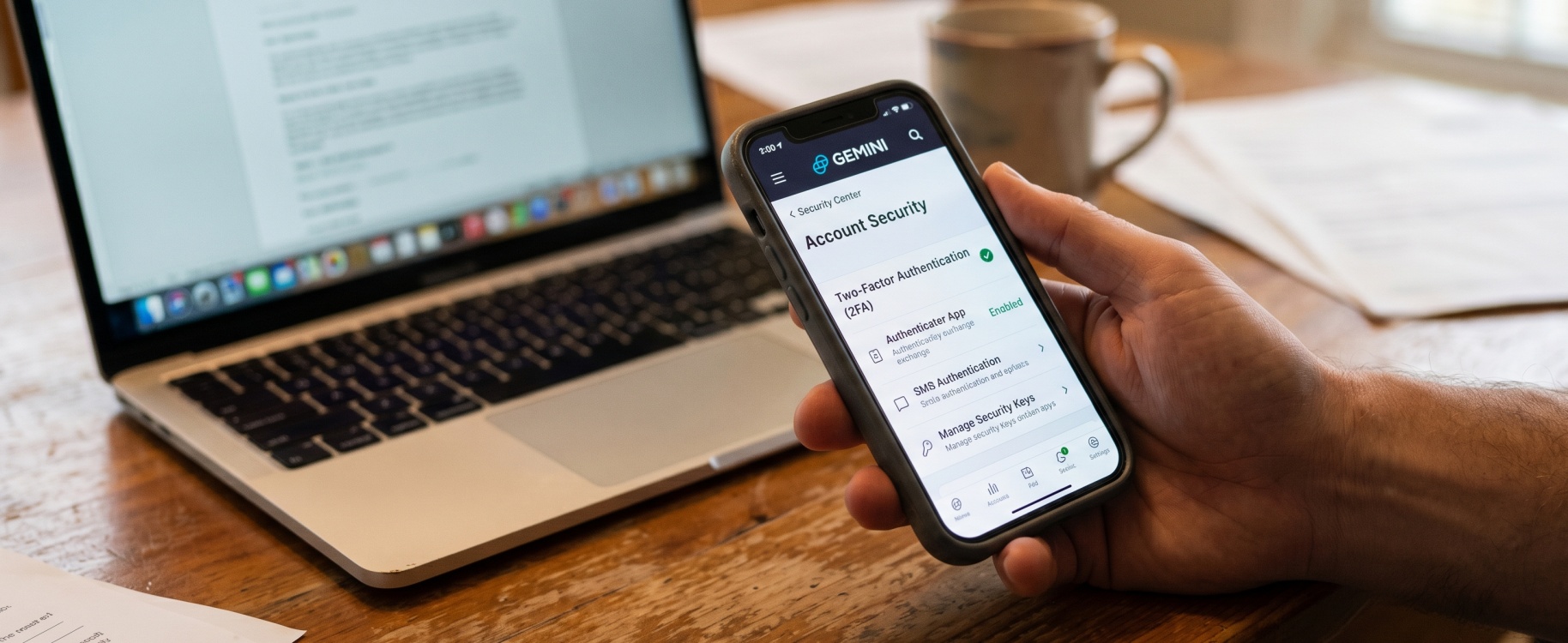 Hand holding smartphone showing Gemini app Account Security center with Two-Factor Authentication and security key options in sharp focus, with laptop and coffee mug softly blurred on wooden home office desk
