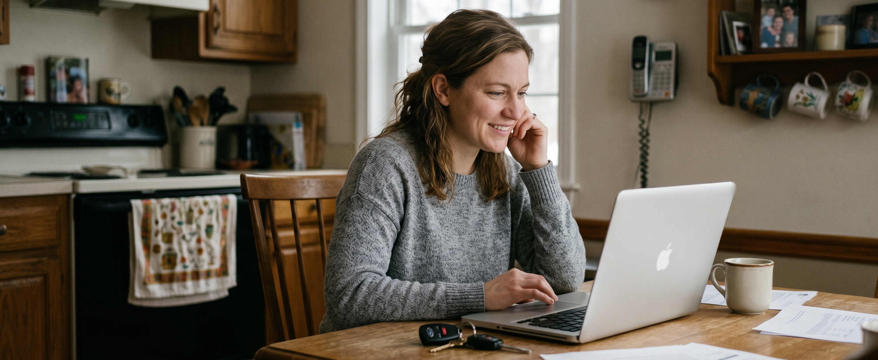 Smiling woman browsing auto refinance loan offers on a laptop at a kitchen table with car keys and documents nearby