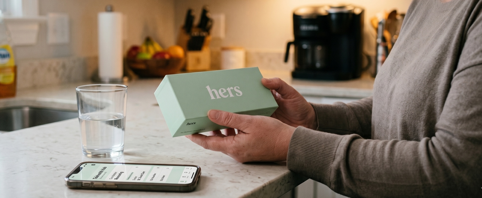 Woman in gray sweater holding a sage green hers medication delivery box at her kitchen counter, with a glass of water and a smartphone showing a telehealth app on the marble surface