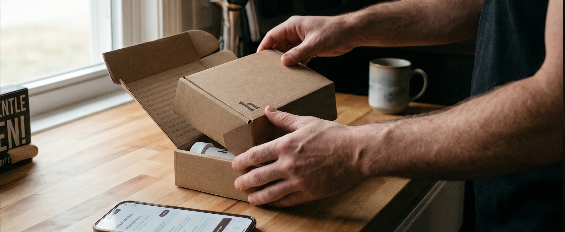Man's hands unboxing a discreet kraft cardboard hims medication delivery package on a wooden kitchen counter, with smartphone showing the telehealth app dashboard nearby