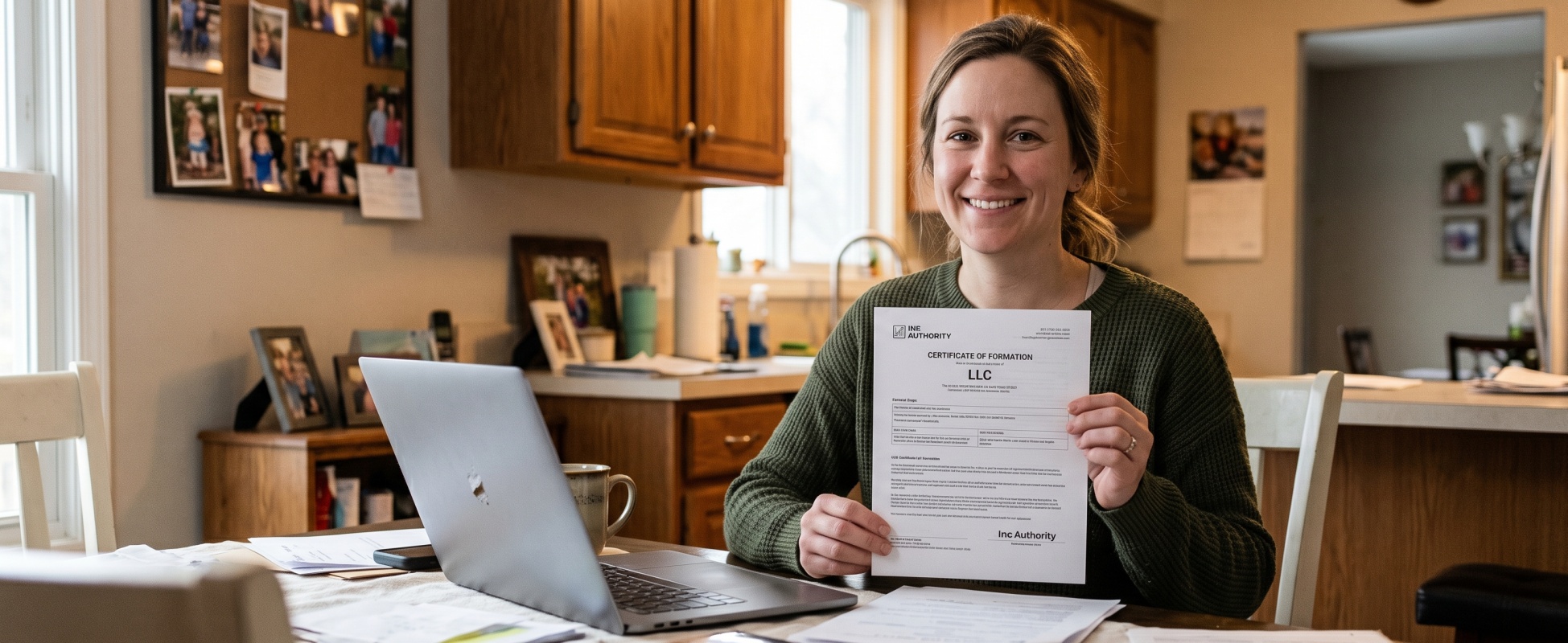 Smiling new entrepreneur in green sweater holding up Inc Authority LLC certificate of formation at her kitchen table, with laptop and paperwork in front of her
