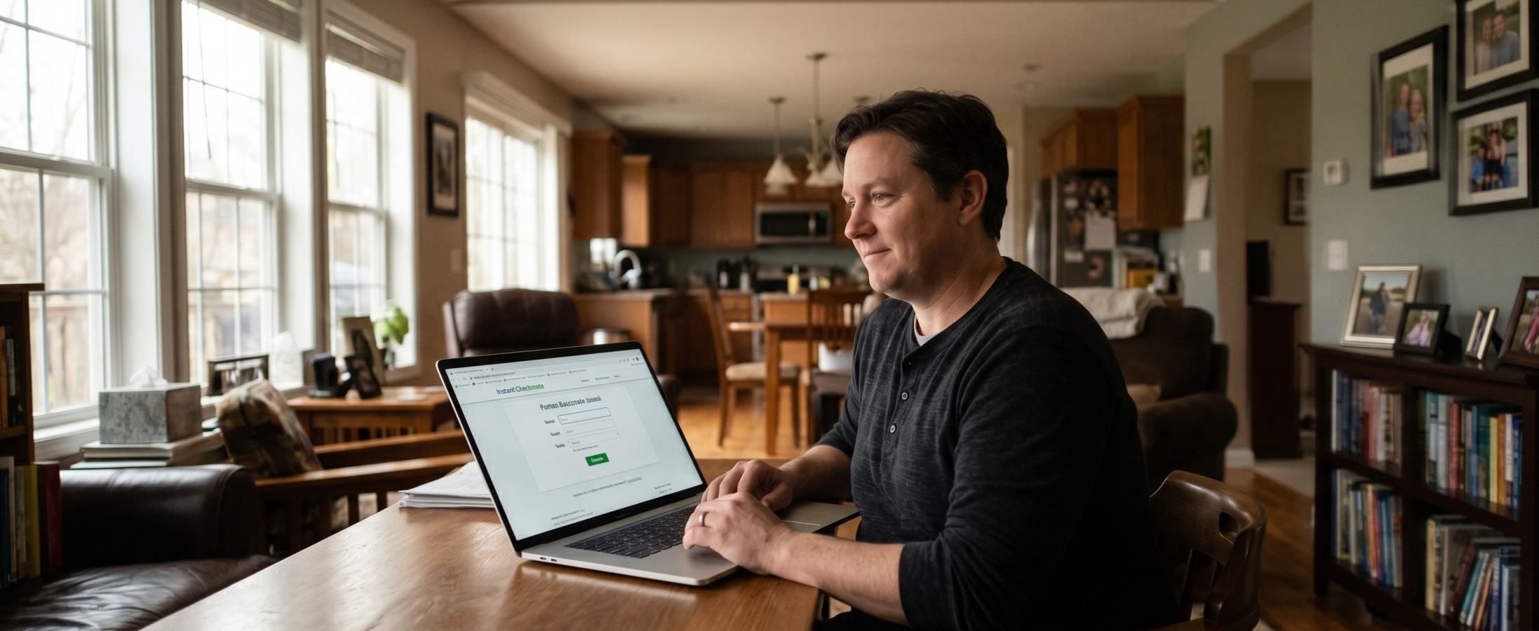 Man using the Instant Checkmate background search platform on a laptop at a dining room table in a comfortable suburban home