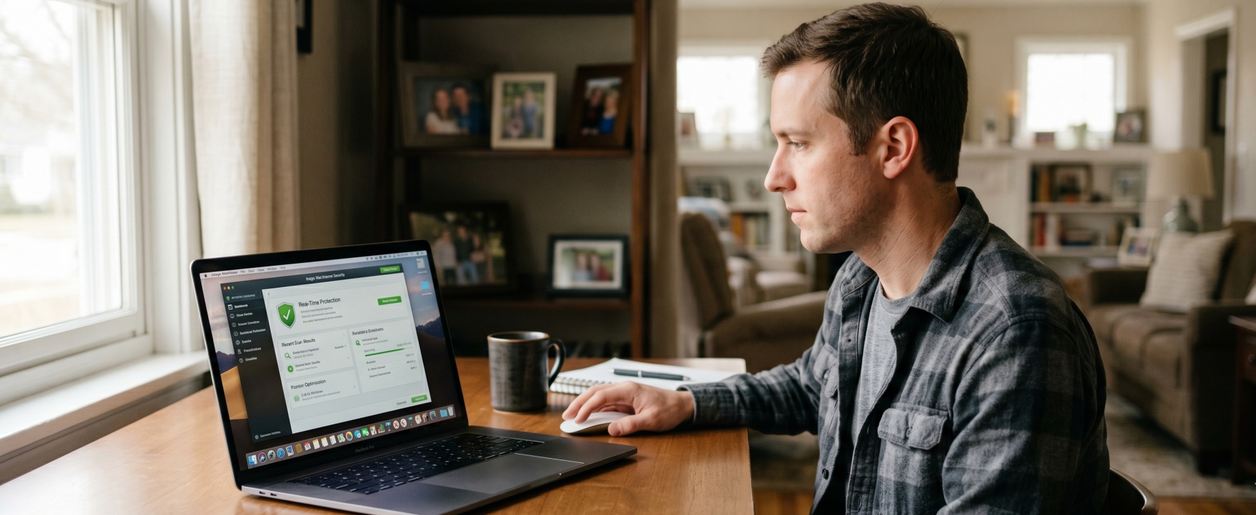 Focused Mac user in plaid shirt reviewing Intego Mac security suite dashboard with Real-Time Protection, recent scan results, and system optimization stats on MacBook screen, with coffee mug and notebook on home office desk