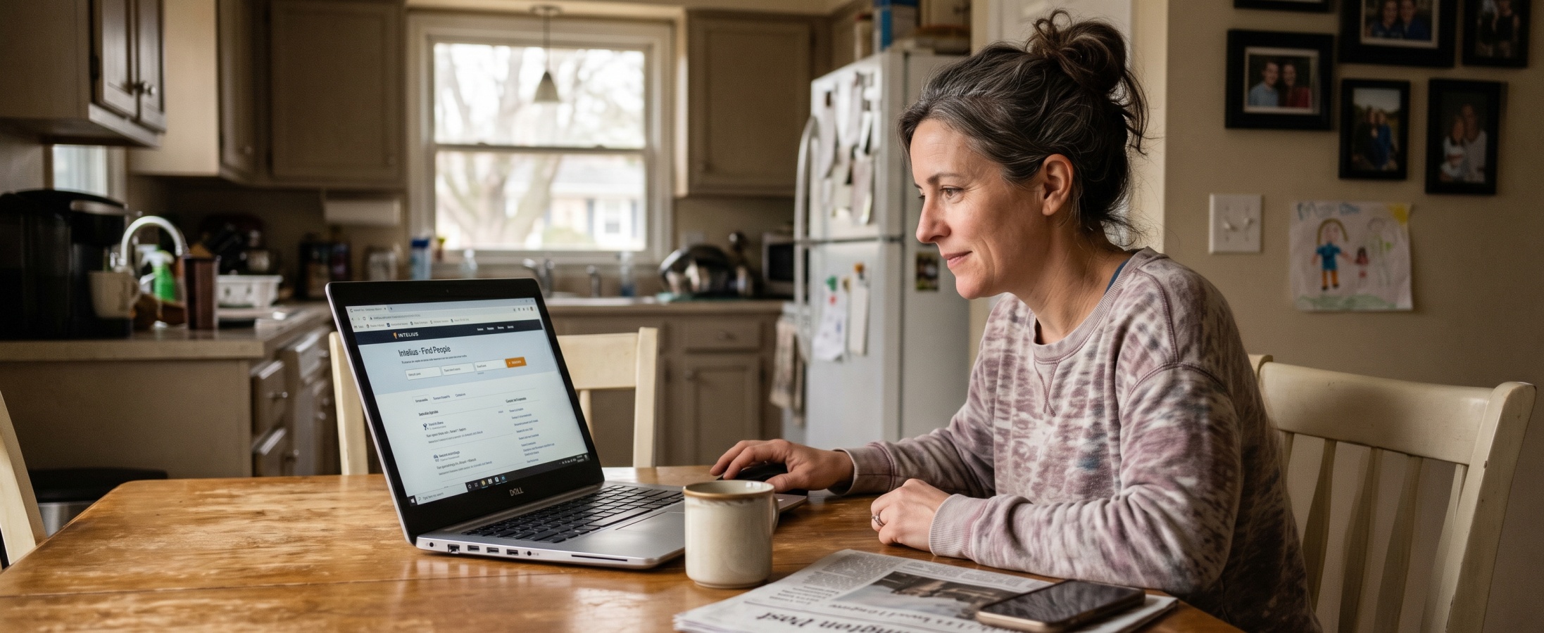 Woman using the Intelius Find People search platform on a laptop at a kitchen table with a coffee mug and newspaper nearby