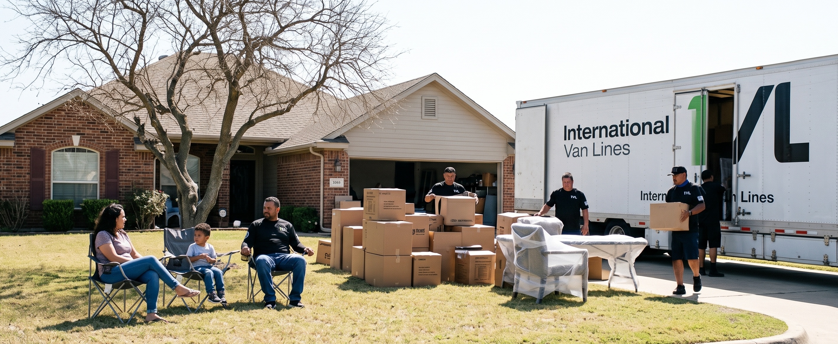 Family relaxing on lawn chairs while International Van Lines movers load boxes and furniture onto a large moving truck in front of their home
