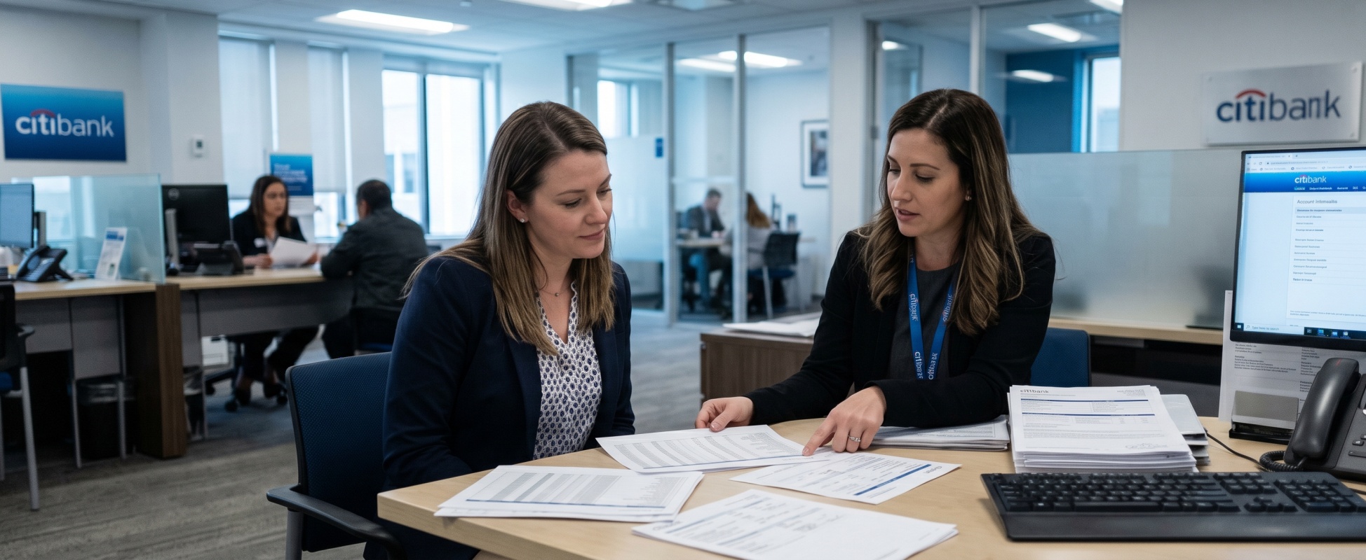 Citibank advisor reviewing account documents with a client at a branch desk in a modern Citibank office