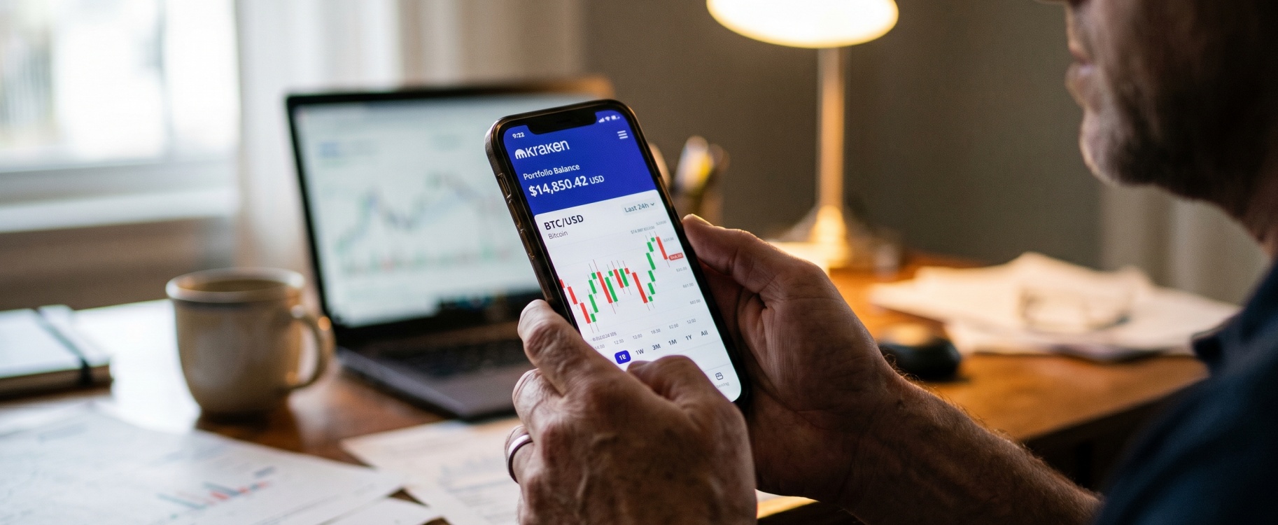 Investor's hands holding smartphone showing Kraken app with portfolio balance and BTC/USD candlestick chart in sharp focus, with laptop displaying additional trading charts softly blurred on home office desk