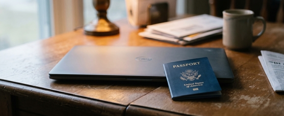 US passport resting on a closed laptop on a wooden desk, signaling KuCoin is unavailable to American users