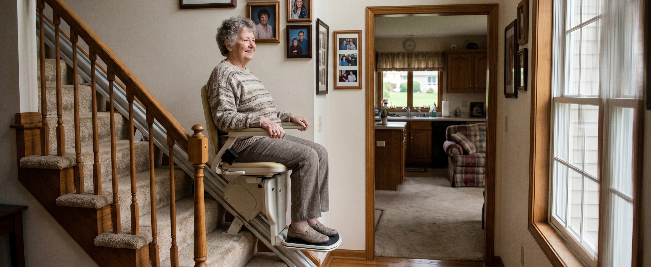 Smiling elderly woman sitting comfortably on a stairlift on a carpeted home staircase surrounded by family photos on the wall