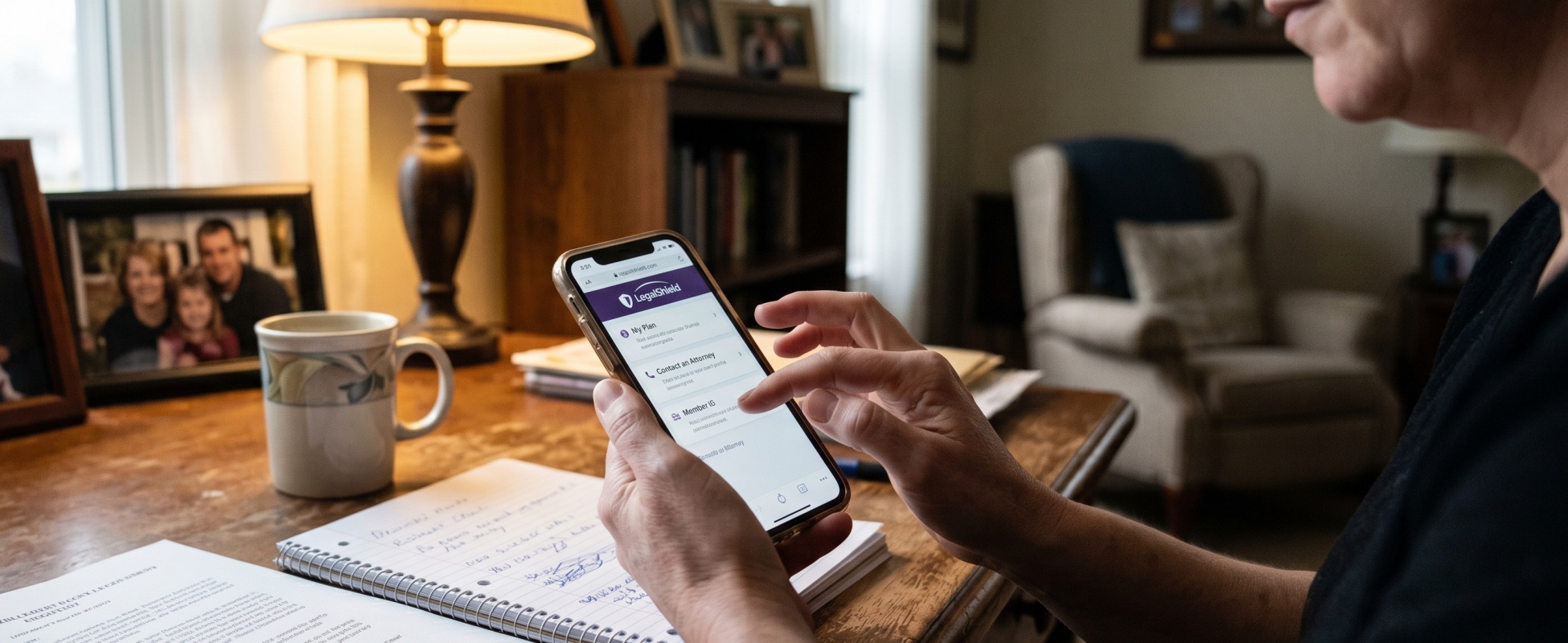 Hands holding a smartphone showing LegalShield mobile app with My Plan and Contact an Attorney options, on a wooden desk with family photos and legal paperwork