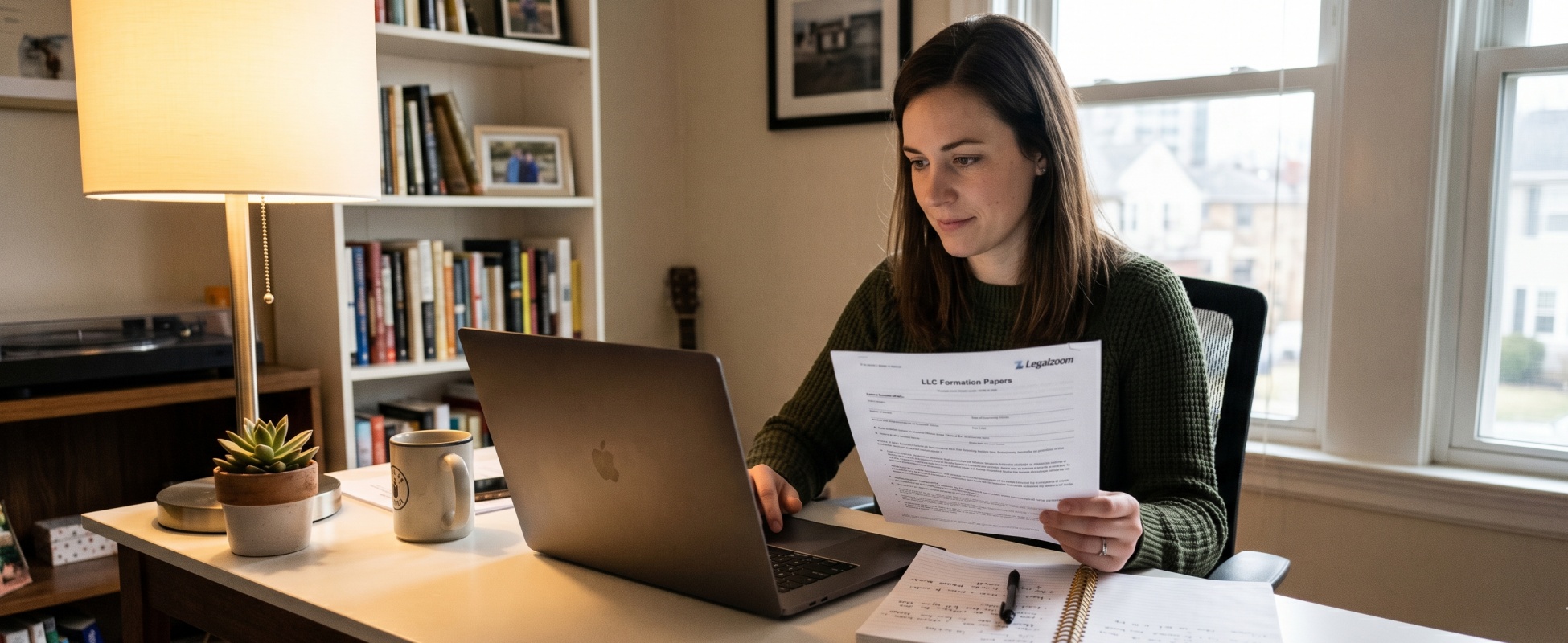 mall business owner in green sweater reviewing LegalZoom LLC formation papers at her home office desk, with laptop, notebook, and coffee mug nearby