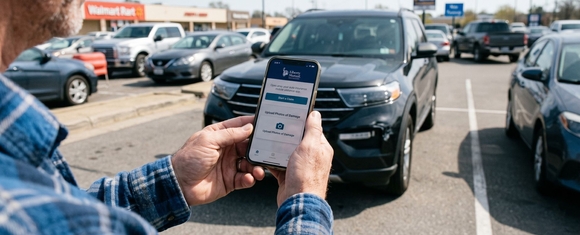Driver in plaid flannel shirt holding smartphone showing Liberty Mutual auto insurance app with Start a Claim button and Upload Photos of Damage option, standing in front of his black SUV in a sunny suburban parking lot