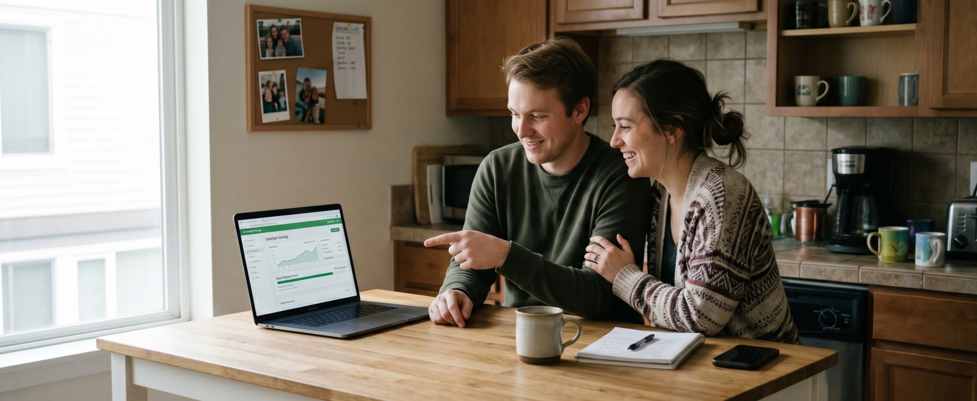 Smiling young couple in cozy kitchen pointing at laptop showing Limelight Savings dashboard with Down Payment Fund progress bar, with a coffee mug, notebook, and family photos on a corkboard nearby