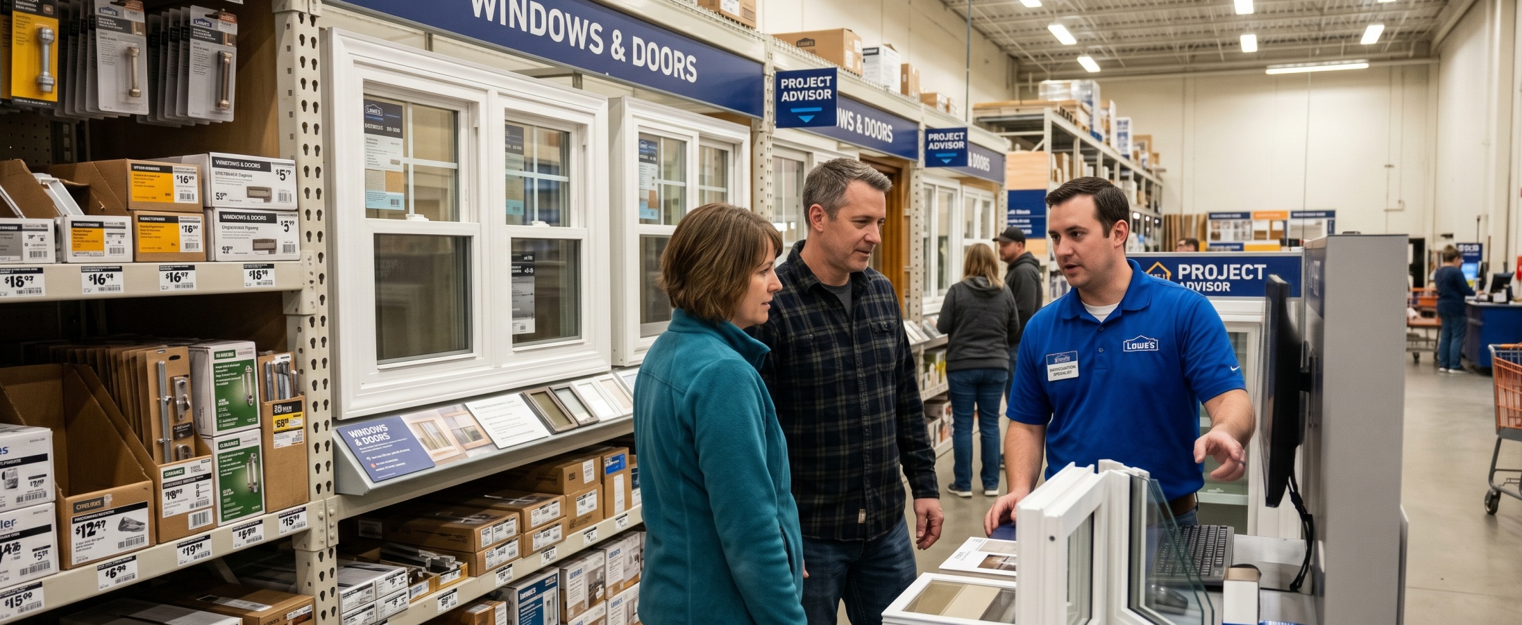 Couple consulting with a Lowe's installation specialist in the Windows and Doors section of a Lowe's store, reviewing window samples and options