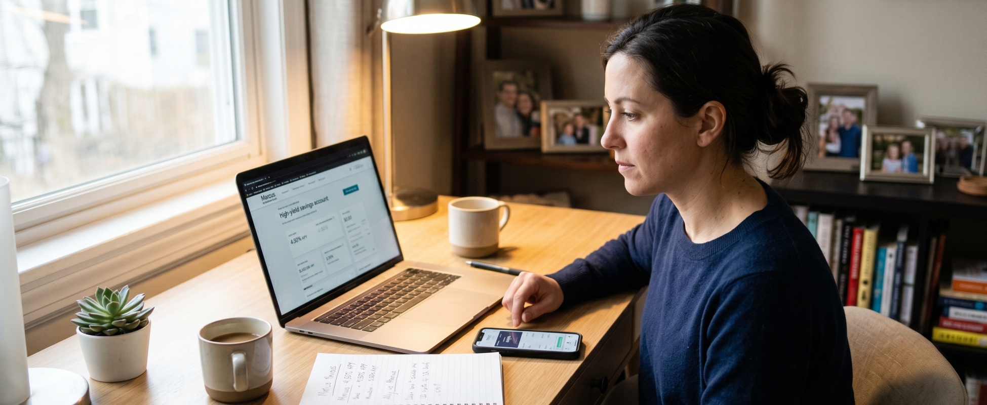 Focused woman in navy sweater reviewing Marcus by Goldman Sachs high-yield savings account dashboard on laptop at home office desk, with mobile banking app on phone and handwritten APY comparisons in notebook