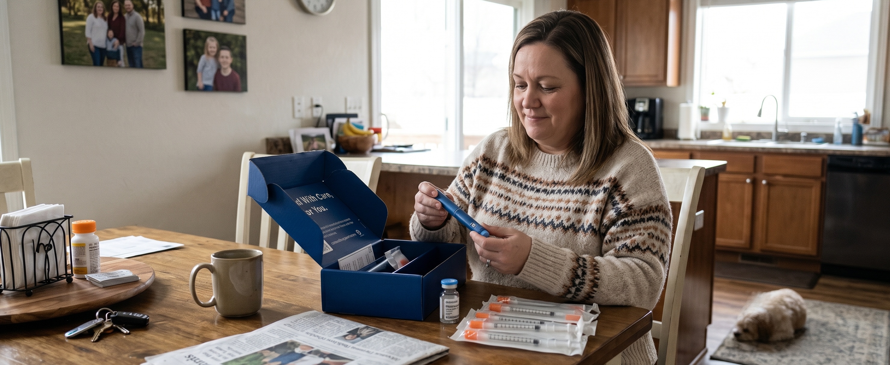 Woman with higher BMI unboxing a GLP-1 medication delivery kit with a pen, syringes, and vial at a kitchen table at home