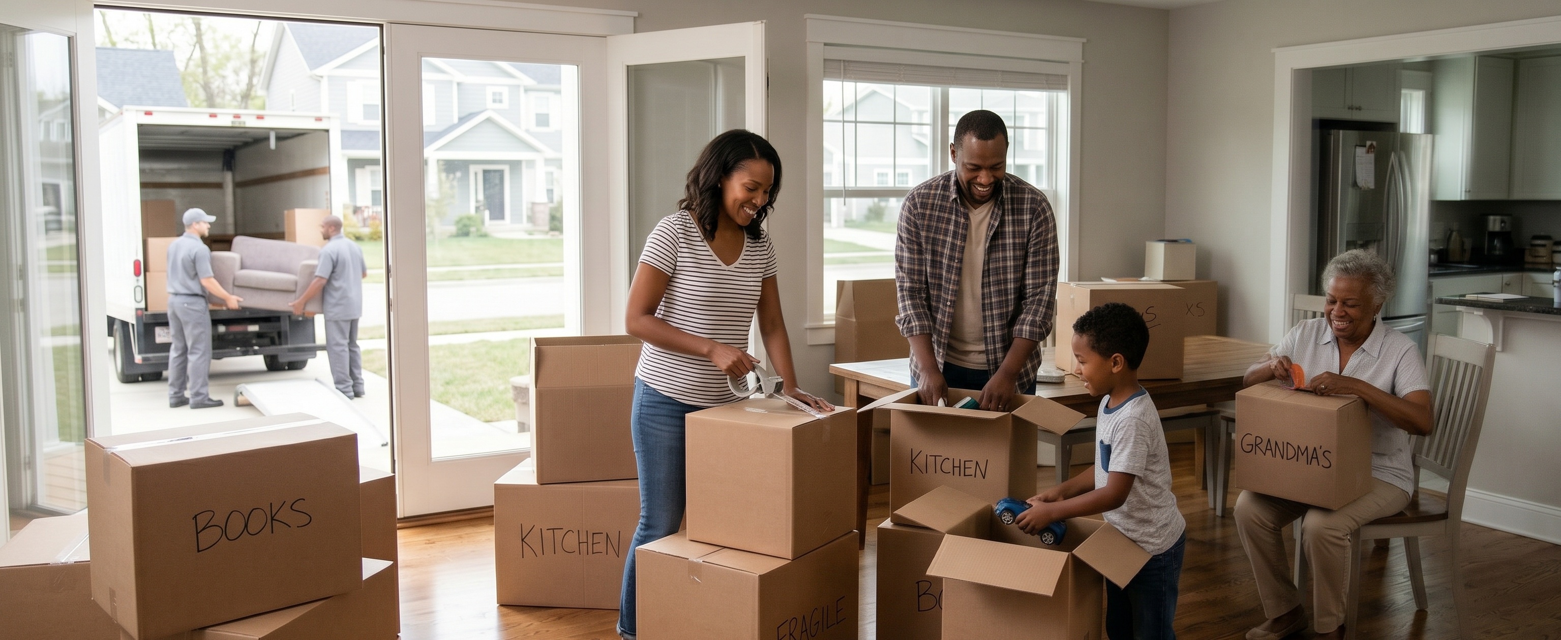 Smiling family with a child and grandmother unpacking labeled moving boxes in a new home while movers unload a truck outside