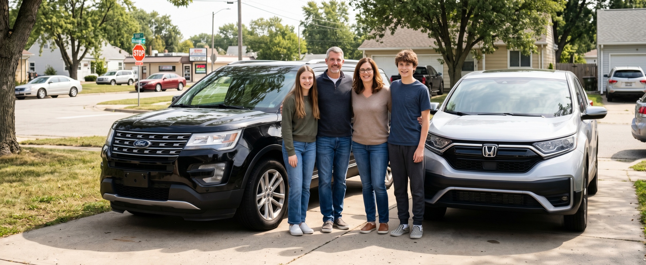 Family of four with two teenage kids smiling together between a Ford SUV and a Honda CR-V in a sunny suburban driveway