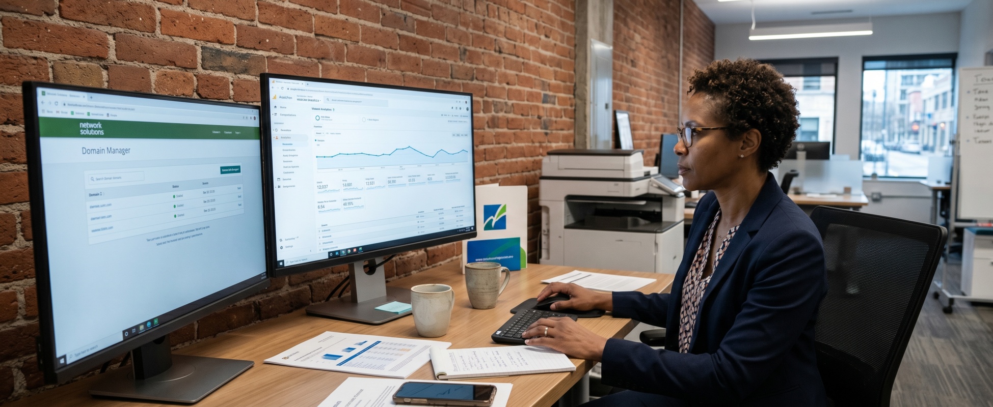 Small business owner in navy blazer managing domain registrar dashboard and website analytics on dual monitors in modern brick-walled office