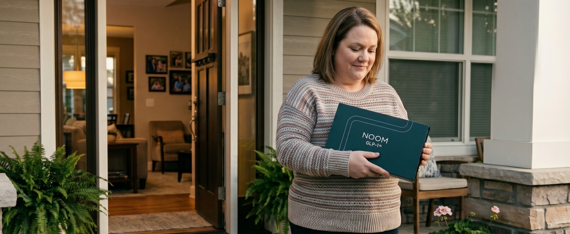Woman in striped sweater receiving a Noom GLP-1 Rx medication delivery box at the front porch of her suburban home, with welcome mat, ferns, and geraniums nearby