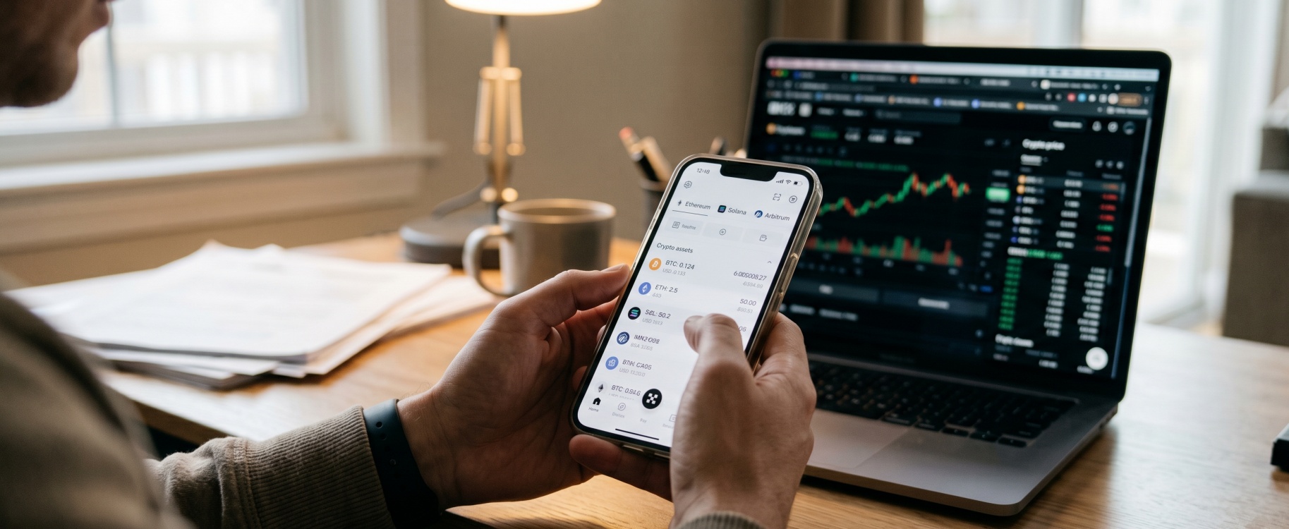 Crypto user's hands holding smartphone showing Web3 wallet with Ethereum, Solana, and Arbitrum networks and multiple token balances in sharp focus, with laptop displaying advanced trading charts and order book on home office desk