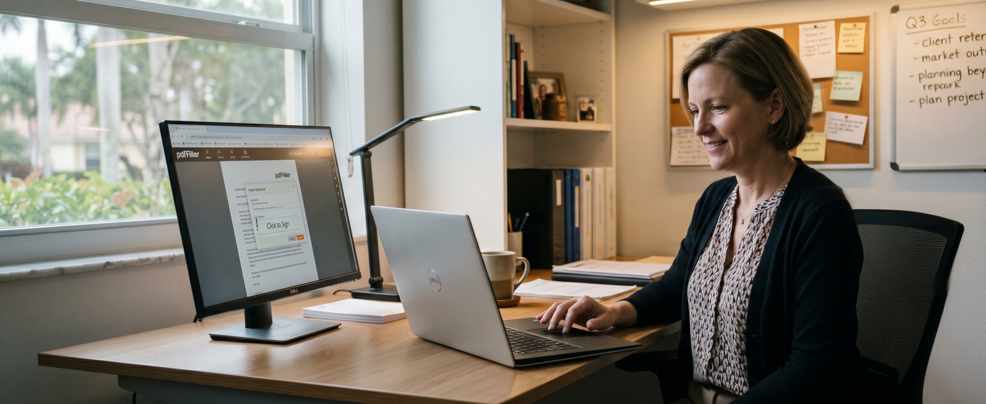 Small business owner using the pdfFiller eSignature platform on a desktop monitor at a organized home office desk with business goals on a whiteboard in the background