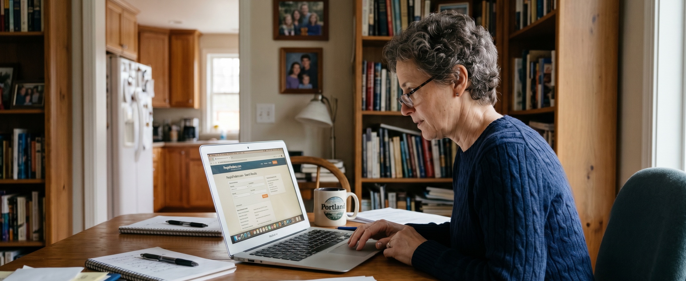 Older woman using the PeopleFinders search platform on a laptop at a home office desk surrounded by bookshelves and family photos