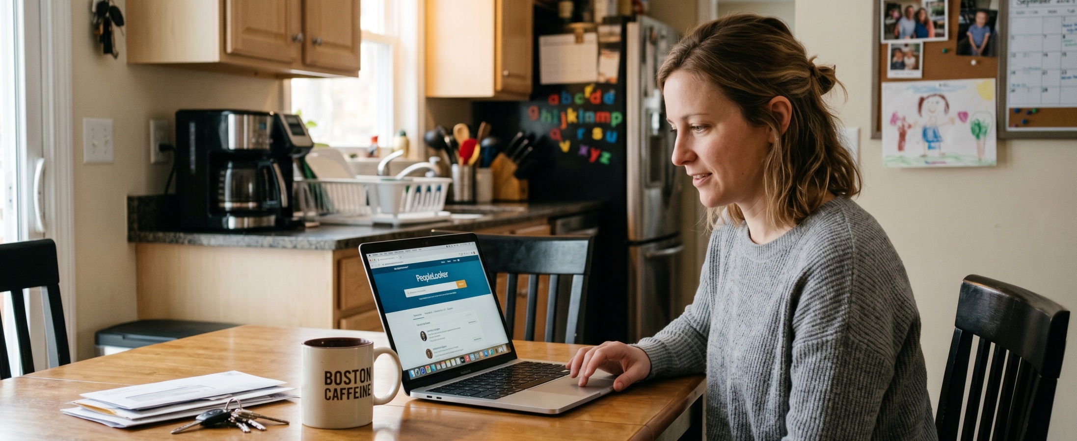 Smiling woman using the PeopleLooker people search platform on a laptop at a kitchen table with coffee and keys nearby
