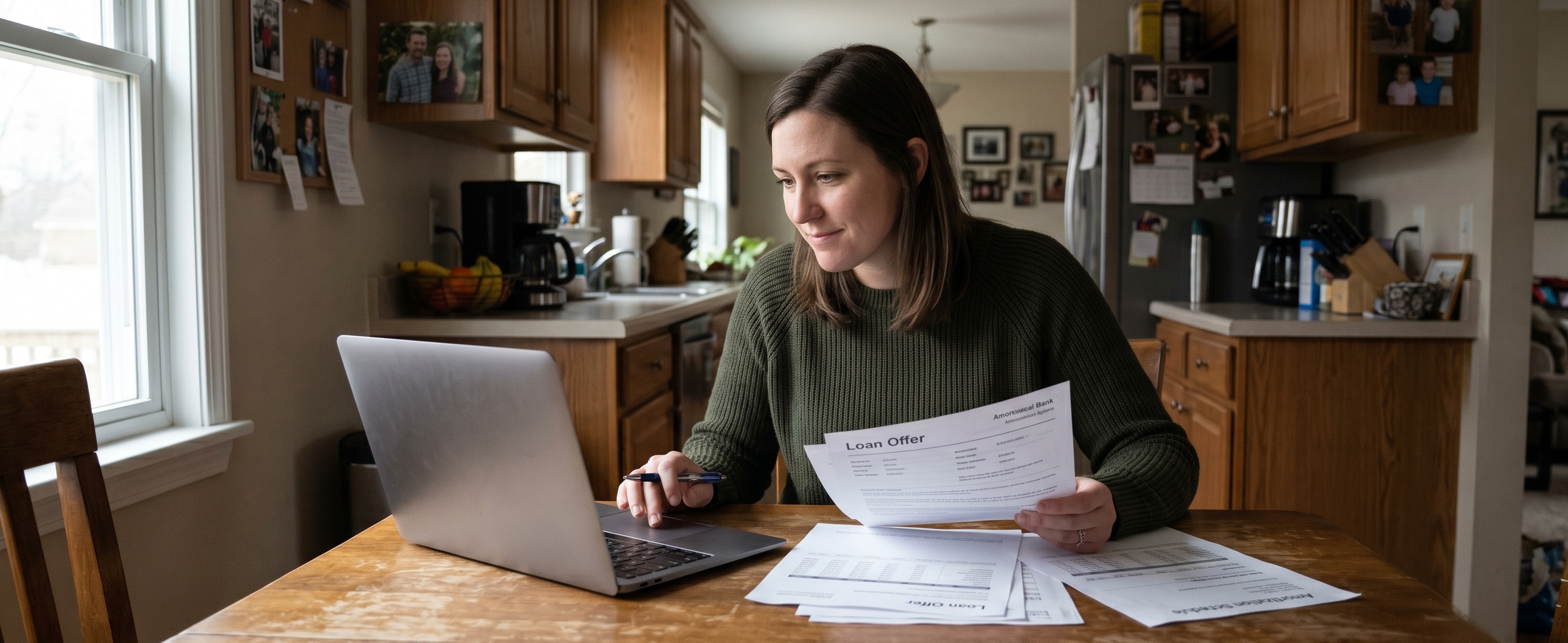 Woman comparing multiple loan offer documents at a kitchen table while browsing a laptop, reviewing personal loan options at home