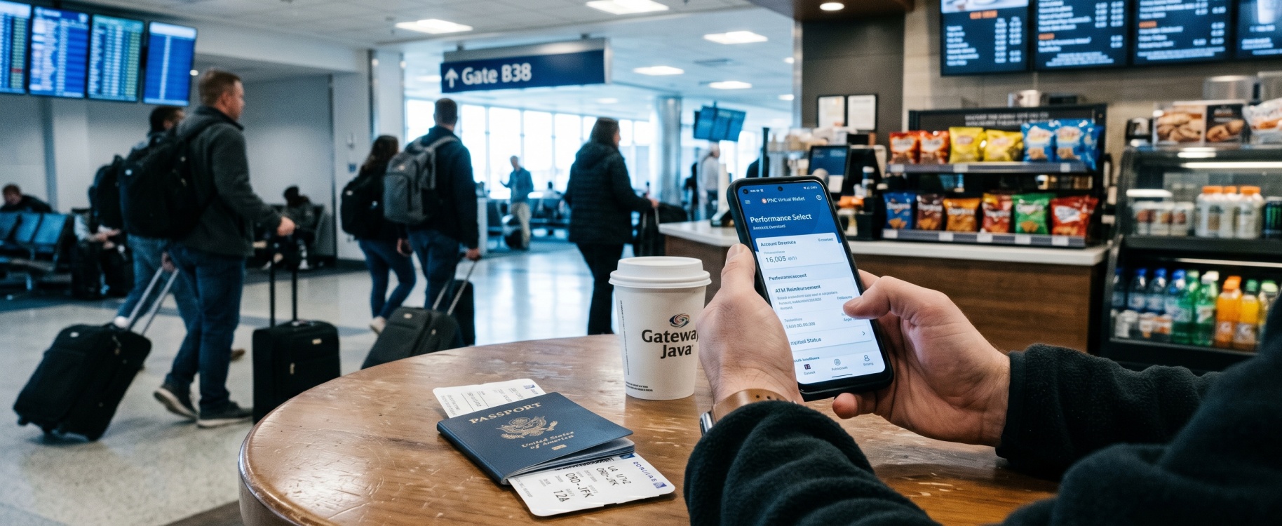 Hand holding smartphone showing PNC Virtual Wallet Performance Select app with account overview and ATM reimbursement section in sharp focus, with US passport, boarding pass, and coffee cup on airport table and gate signage softly blurred in background