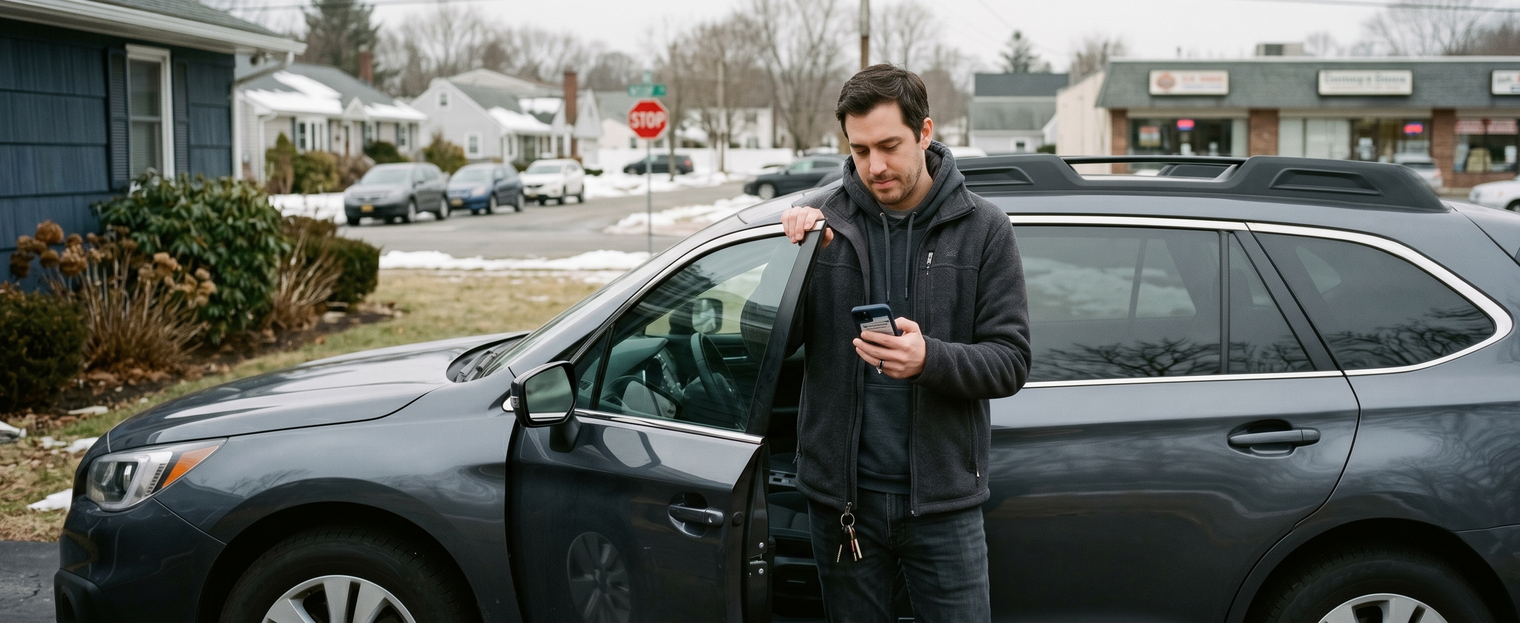 Young man checking an auto insurance app on his smartphone while standing next to his car door in a suburban neighborhood