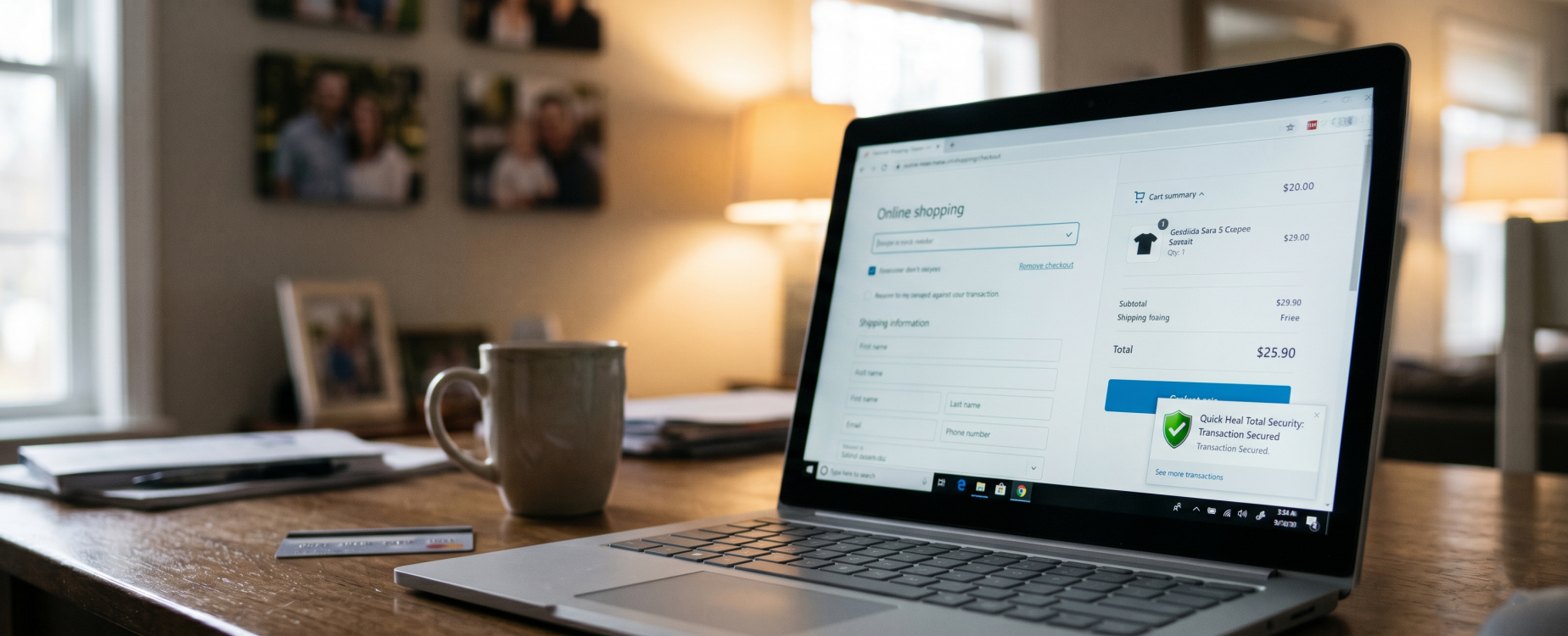 Windows laptop on a wooden home desk showing an online shopping checkout page with a Quick Heal Total Security Transaction Secured notification, with a credit card and coffee mug nearby and family photos softly blurred in the background