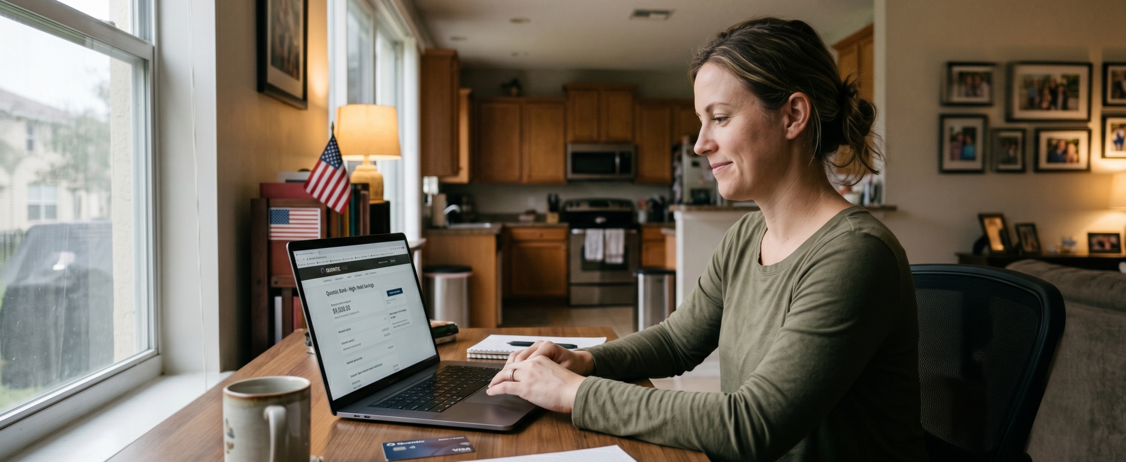 Smiling woman reviewing her Quontic Bank High Yield Savings account on a laptop at a home desk with a Quontic Visa card on the table