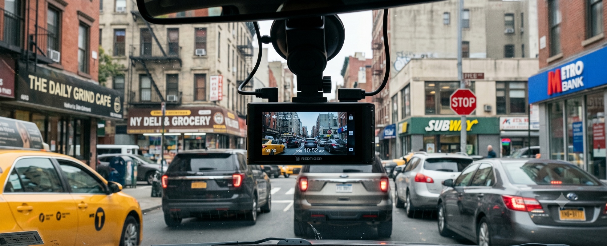 Redtiger dash cam mounted on a car windshield recording 4K video footage of heavy city traffic from the driver's perspective
