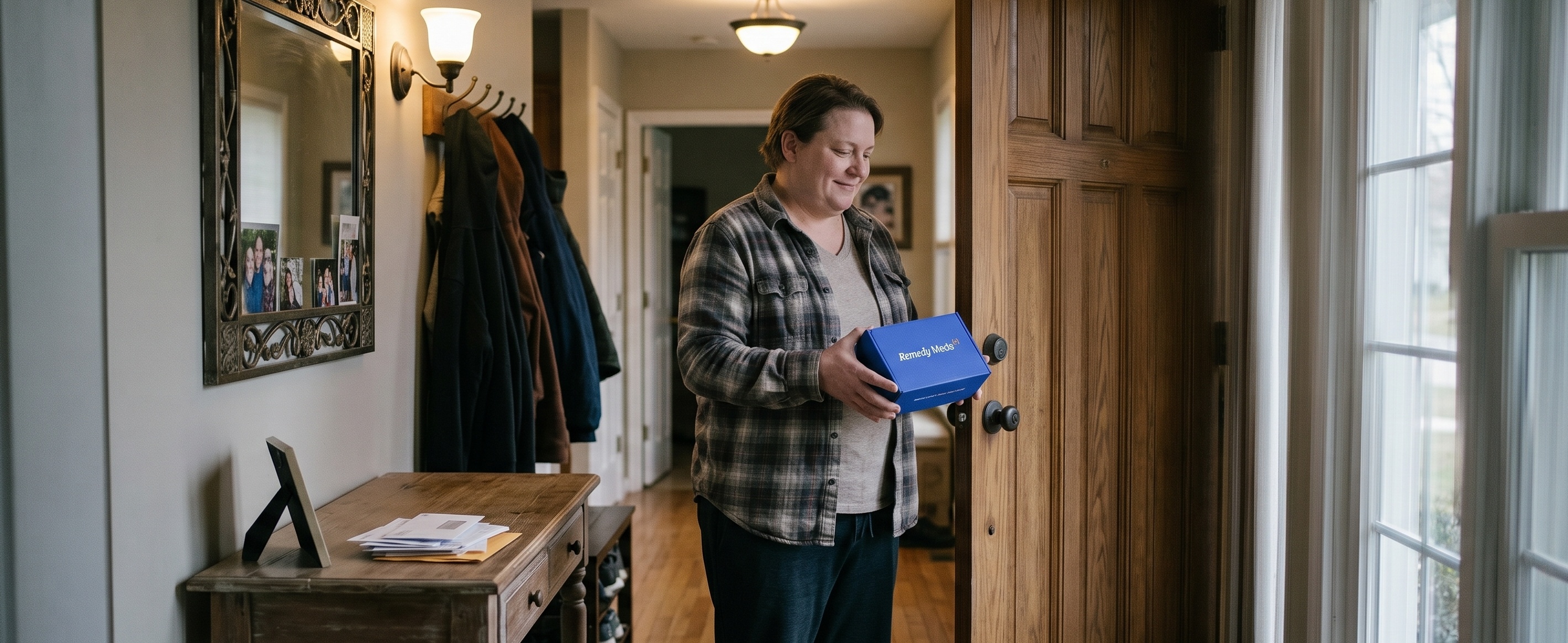 Woman with higher BMI holding a Remedy Meds delivery box at her front door in a residential home entryway