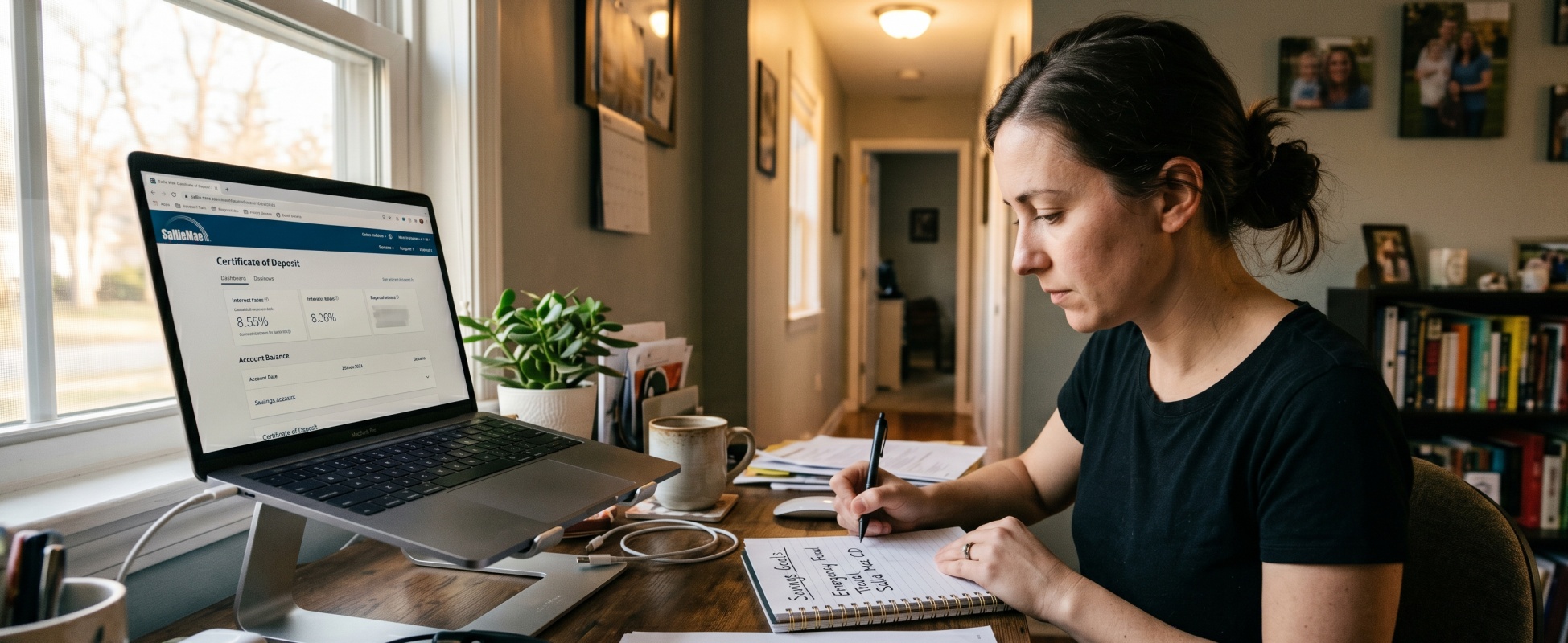 Focused woman in black tee writing savings goals including emergency fund and Sallie Mae CD in notebook, with laptop displaying Sallie Mae Certificate of Deposit dashboard with interest rates on home office desk