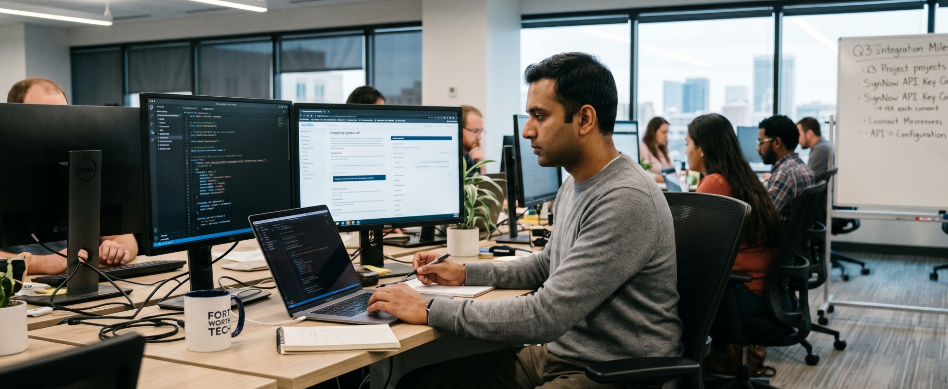 Developer reviewing SignNow API integration documentation on a monitor while coding at a modern tech office desk with a whiteboard showing SignNow API configuration milestones